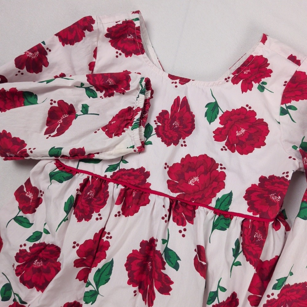 Girls Cotton Red Floral Coquette Bow Dress Long Sleeve Size 4T